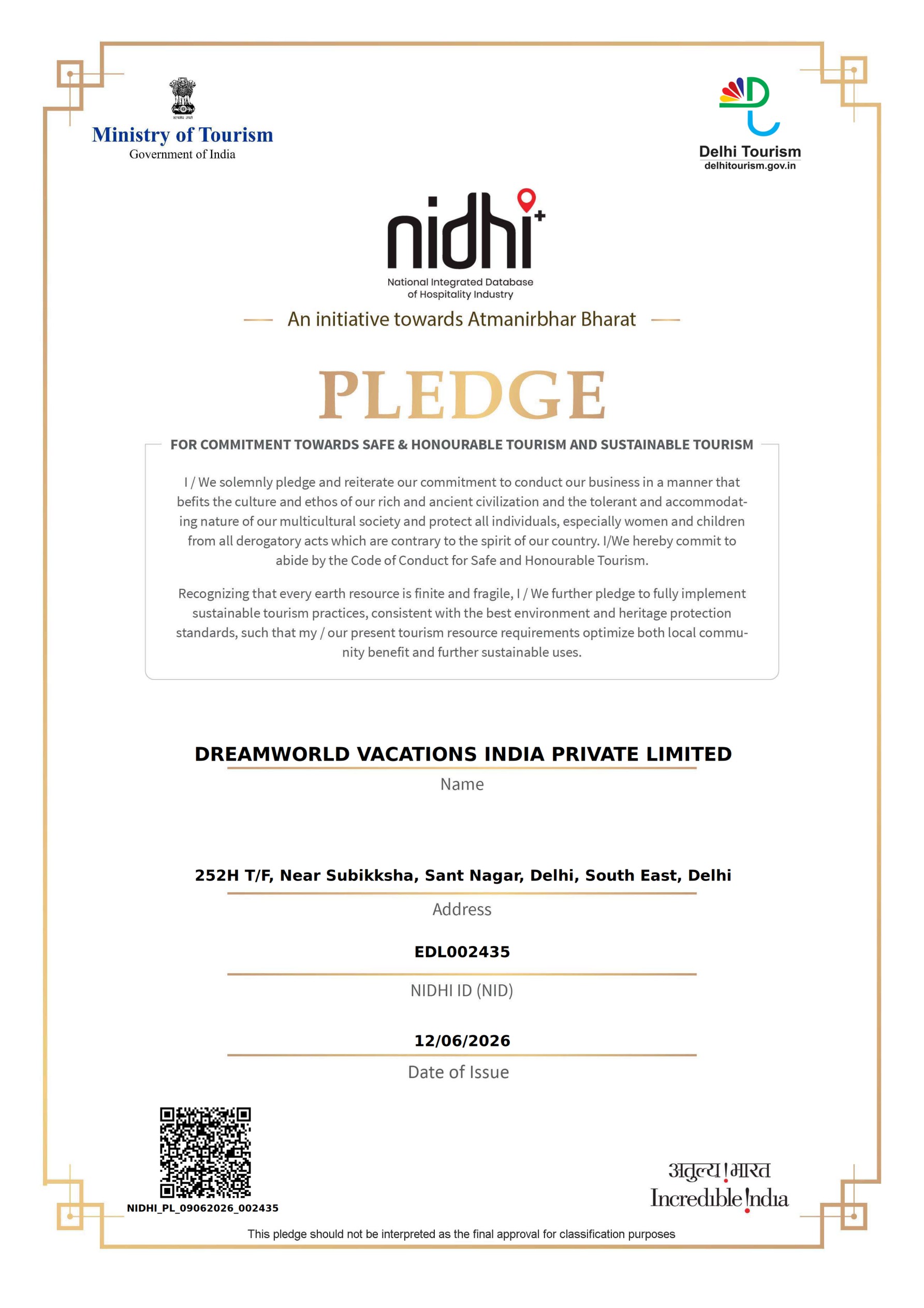 NIDHI Safe & Honourable Tourism Pledge Certificate — Ministry of Tourism, Government of India, issued to Dreamworld Vacations India Private Limited