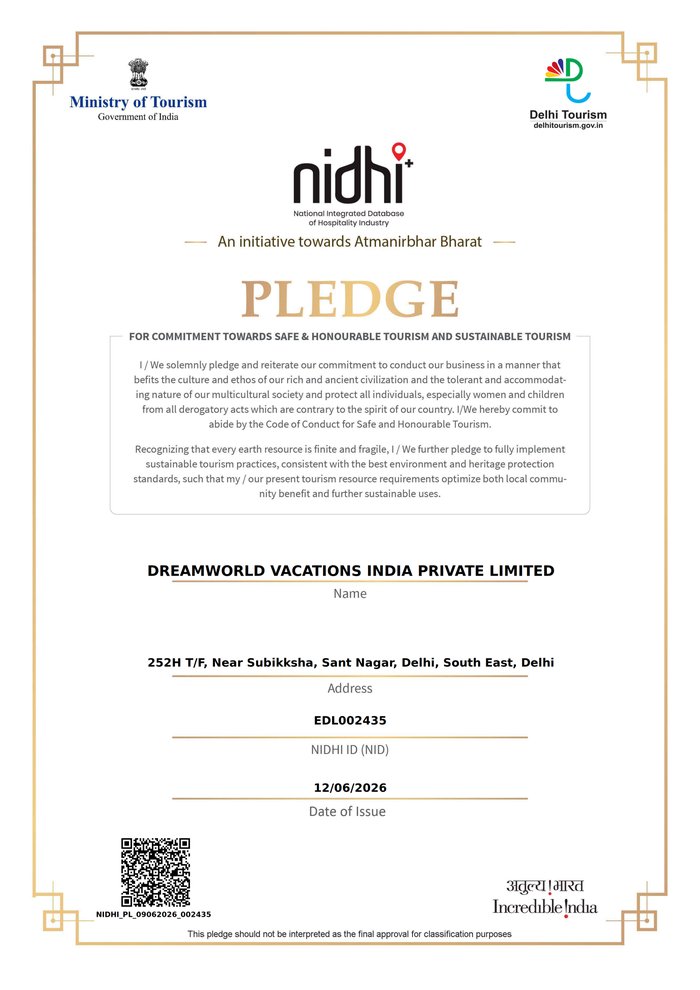 NIDHI Safe & Honourable Tourism Pledge Certificate — Ministry of Tourism, Government of India